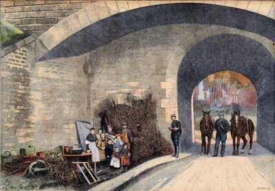 A homeless family camped under a bridge in Paris. Engraving taken from the newspaper Le Petit Parisien by French School