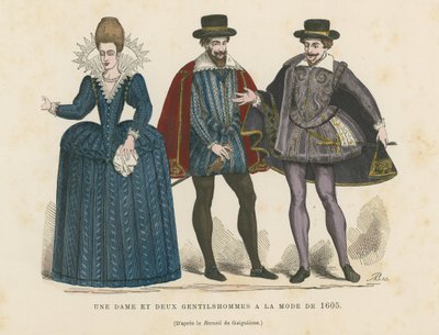 A lady and two gentlemen in the fashion of 1605 by French School