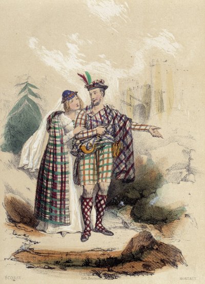 A man carrying a kilt and his companion in front of a castle; illustration for Scotland - in “The Twelve Nations” by M.E. Fouinet by French School
