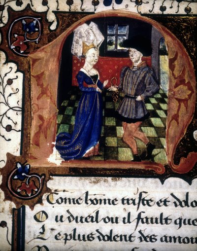 A man offers a ring to a lady (lettrine “n”). by French School