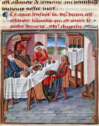 A Man Shares His Table with a Poor in Need (miniature) by French School