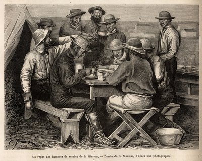 A meal of the men of service of the mission of 1872, at the camp site, before the first field reconnaissance, engraved after the drawing of G. Massias, illustrating a set of geographic missions through the United States National Park by French School