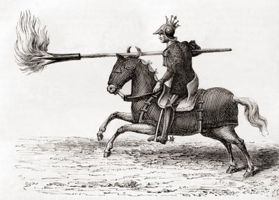 A medieval knight carrying a fire lance, or fire spear, one of the first gunpowder weapons in the world, from Les Merveilles de la Science, published c.1870 by French School