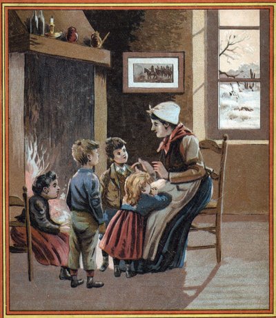 A mother tells stories to her children by the fire. Cover of the book 