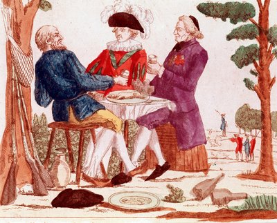 A peasant, clergy and aristocrat eat a rabbit together at a table, in the right background a hunting scene, on the left, three guns, August 1789 (engraving) by French School