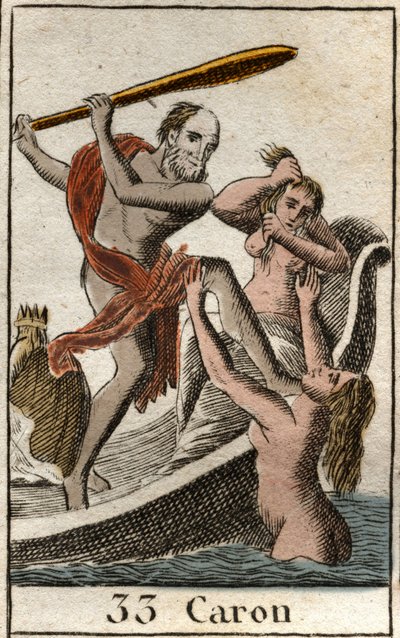 Representation of Charon, ferryman of the Underworld, allowing the deceased to cross the river Acheron (or Styx). From “Mythology of Youth” by Pierre Blanchard 1803. by French School