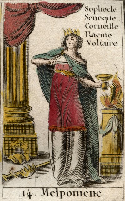 Representation of Melpomene, Muse of Tragedy, with a crown, a tragic mask, a knife and a cup of poison. From 