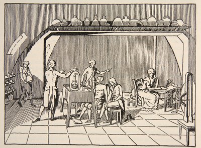 A respiration experiment in the laboratory of Lavoisier, illustration from Histoire de la Nation Francaise, Sciences, Volumes I & II by French School