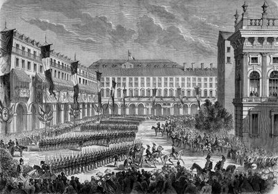A review of the troops passed by the Italian king Victor Emmanuel II in Turin on June 7 by French School