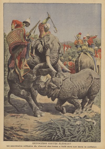 A rhinoceros attacking an elephant in India by French School