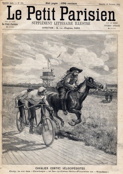 A rider raced against velocipedists: William Frederic Cody, known as Buffalo Bill, and cyclists Gaby and Fournier in Tandem. In Le Petit Parisien on 11/26/1893 (engraving) by French School