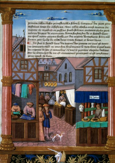 A Rue de Paris with Echoppes at the Beginning of the 16th Century (manuscript page) by French School