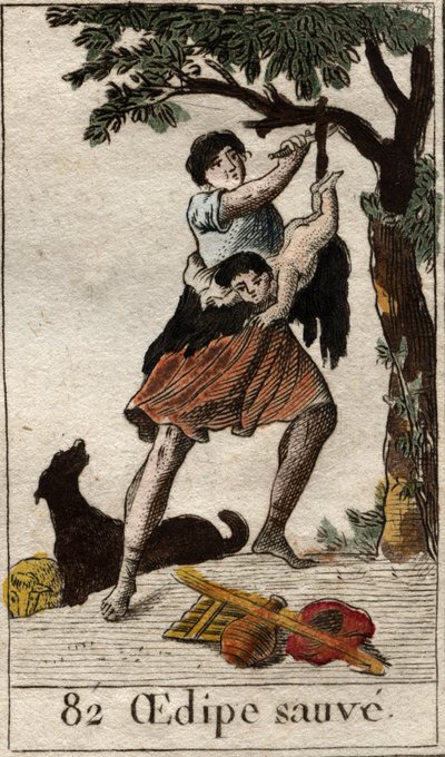 A shepherd saves Oedipus as a child, abandoned by his parents because of the oracle of the Pythia. From “Mythology of Youth” by Pierre Blanchard 1803 by French School
