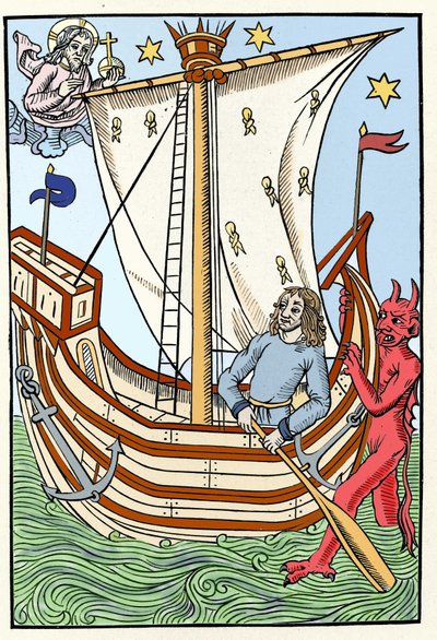 A ship among the dangers of the sea. A demon seized the bow while God manifested himself on the left. Engraving from “The Great Calendar and Compost of the Shepherds”, Troyes 1491 by French School