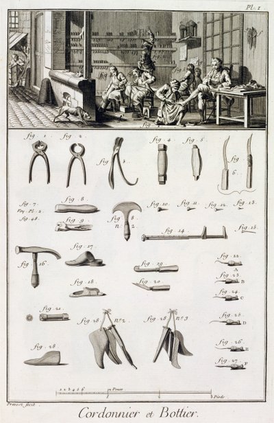 A shoe and bootmaker and their tools, from the Encyclopedie des Sciences et Metiers by Denis Diderot published c.1770 by French School