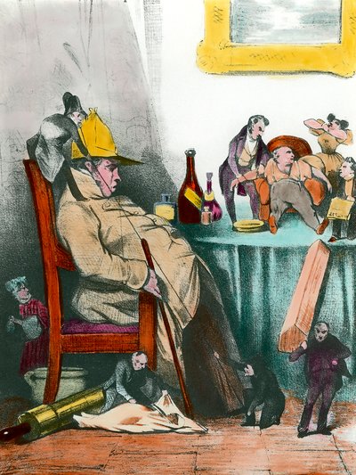 A sitting hypochondriac thinking of his next death. Illustration for the piece 