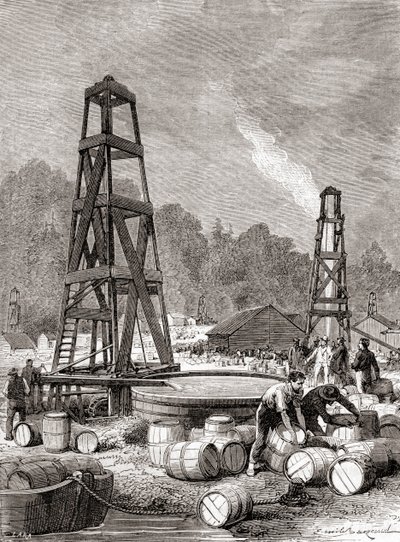 A source of petroleum at Oil Creek on the Allegheny River, Pennsylvania, U.S.A. in 1858, discovered by Edwin Laurentine Drake, aka Colonel Drake, from 