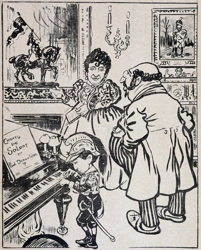 A Used Bronze, Caricature with Battleships, Sheet Music for Deroulede on the Piano and Statuette of Joan of Arc, 