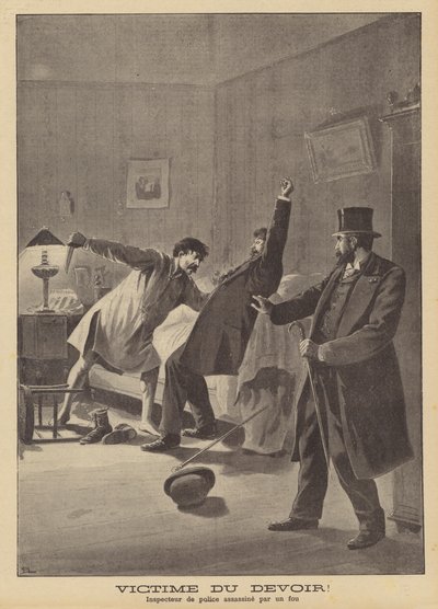A victim of duty. Murder of a police inspector by a lunatic by French School