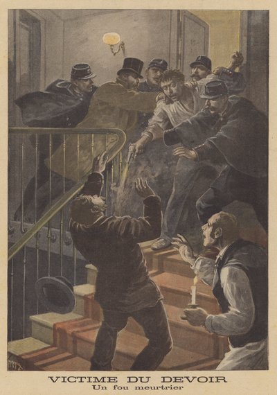 A victim of duty: shot by a lunatic by French School