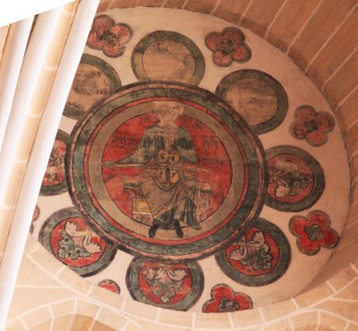 A view of a painted rosette in the western-most bay, south side by French School