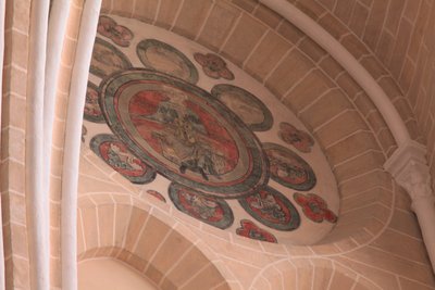A view of a painted rosette in the western-most bay, south side by French School