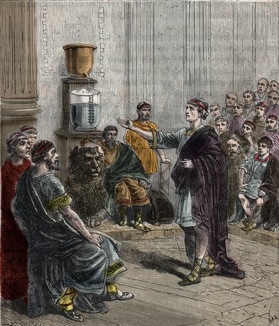 A water clock or clepsydra in Athens - Ancient Greece - Engraving in “Sciences placed at the door of all - physics and chemistry” by Alexis Clerc - End 19th century - Private collection by French School