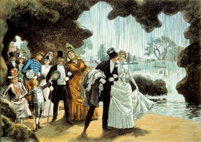 A wedding at a waterfall. Married couple at the Parc des Buttes Chaumont (?). Print from the end of the 19th century Private Collection by French School