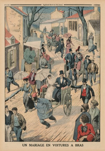A wedding on handcarts, back cover illustration from Le Petit Journal, supplement illustre, 5th April 1914 by French School