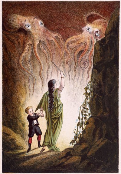 A Woman and a Boy Attacked by Two Giant Octopuses - in Journey to the Bottom of the Sea by H. de la Blanchère by French School