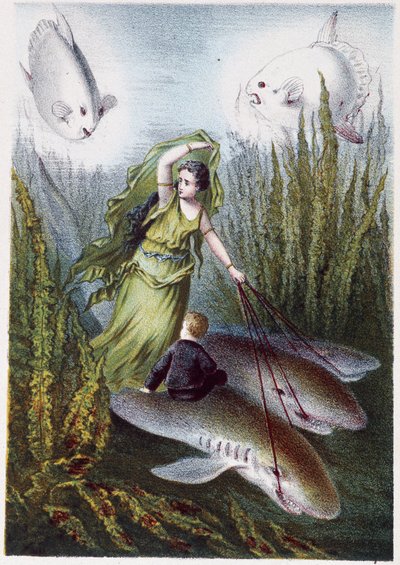 A Woman and a Boy Fleeing Giant Fish on Sharks - in Journey to the Bottom of the Sea by H. de la Blanchère by French School