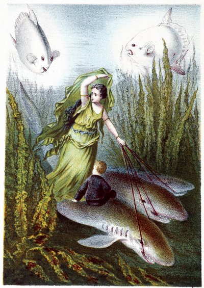 A Woman and a Boy Fleeing Giant Fish on Sharks - in 