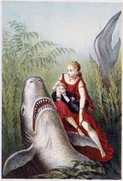 A woman and a boy riding on a shark - in 