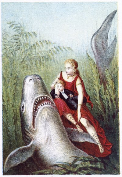 A woman and a boy riding on a shark - in 