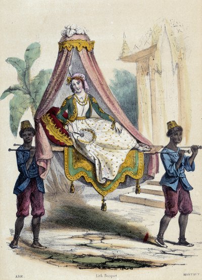 A woman carried in a palanquin by 2 servants; illustration for Asia, in 