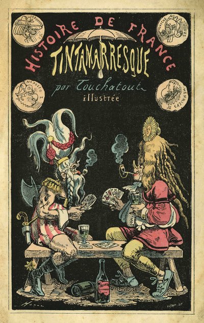 A woman in a feather wig a man cartoon in Gauls during a card game. Cover of Histoire de France Tintamarresque, cartoons by Touchatout, Paris by French School