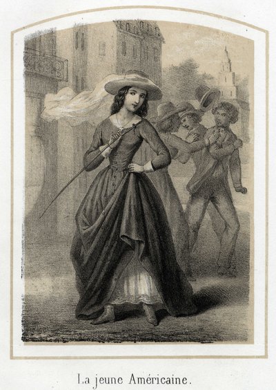 A young American woman causes fights between her suitors. Anonymous engraving of the 19th century by French School