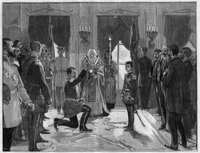 Abdication of King Milan 1st of Serbia (1854-1901), 7 March 1889: the former king takes an oath of obedience and fidelity to his son, Alexander 1st of Serbia (1876-1903), for whom he has just abdicated. Engraving in 