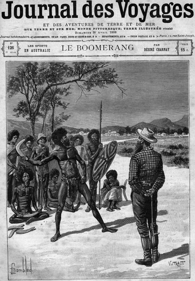 Aborigines of Australia using a boomerang, late 19th century. Engraving in 