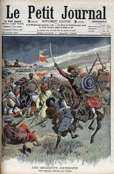 Abyssinian chief on a raid, Ethiopia, March 1908 (Christians Abyssinians fight Moslem Somalis on the Ethiopia-Somalia border) from Le Petit Journal by French School