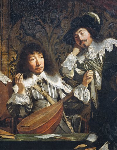 Academy of music, or Meeting of amateurs, circa 1640, detail of tuning of lute by French School