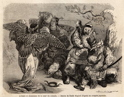 Actors and Dancers of the Mikado Court in Stage Costume. Engraving to Illustrate the Voyage to Japan in 1863-1864, by Aime Humbert, Minister of the Swiss Confederation, in 