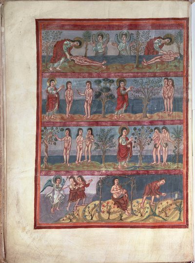 Adam and Eve (from the Moutier-Grandval Bible, illuminated in the Carolingian Abbey of St. Martin, Tours, Latin, c.834-843) by French School