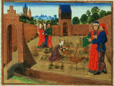 Walled Garden with a Woman Gardening and Others Gossiping, from Livre des Prouffits Champetres et Ruraulx by French School