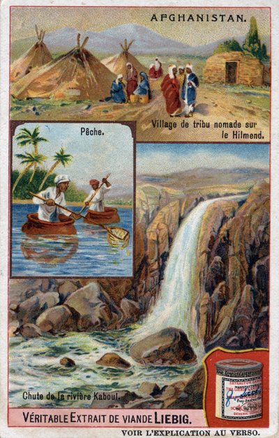 Advertising card showing a nomadic tribe village on the Hilmend, fishermen, and the fall of the Kabul River in Afghanistan. Chromolithography of the 19th century. by French School