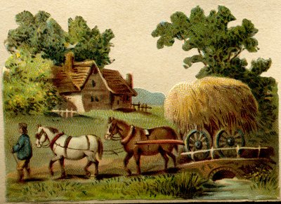 Advertising chromos, cut to size according to the contours of the represented drawings which were very fashionable at the beginning of the 20th century and designed to be cut and pasted in albums, Rural scene, early 20th century by French School