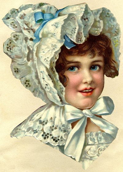 Advertising chromos, cut to size according to the contours of the represented drawings which were very fashionable at the beginning of the XXth century and designed to be cut and pasted in albums, Portrait of a little girl, early 20th century by French School