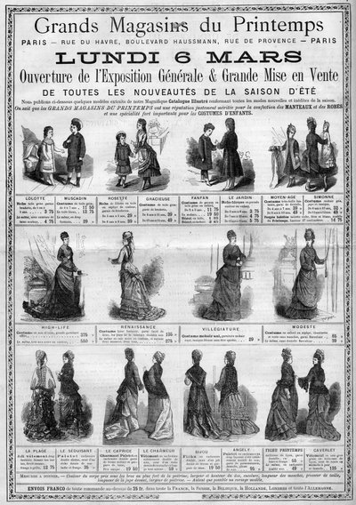 Advertising for the opening of the general exhibition and the sale of summer season newcomers (summer collection) at the Printemps department stores in Paris. Engraving in "L