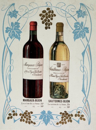 Advertising for the sale of Margaux-Bijon and Sauternes-Bijon wine, 25frs for 12 bottles, 50frs for 25 by French School