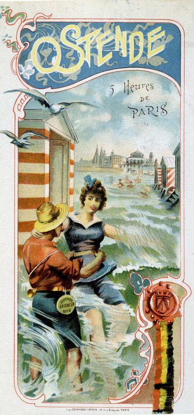 Advertising to get to Ostend (Belgium) from Paris: Ostend: 5 hours from Paris, c.1900 (chromolithograph) by French School